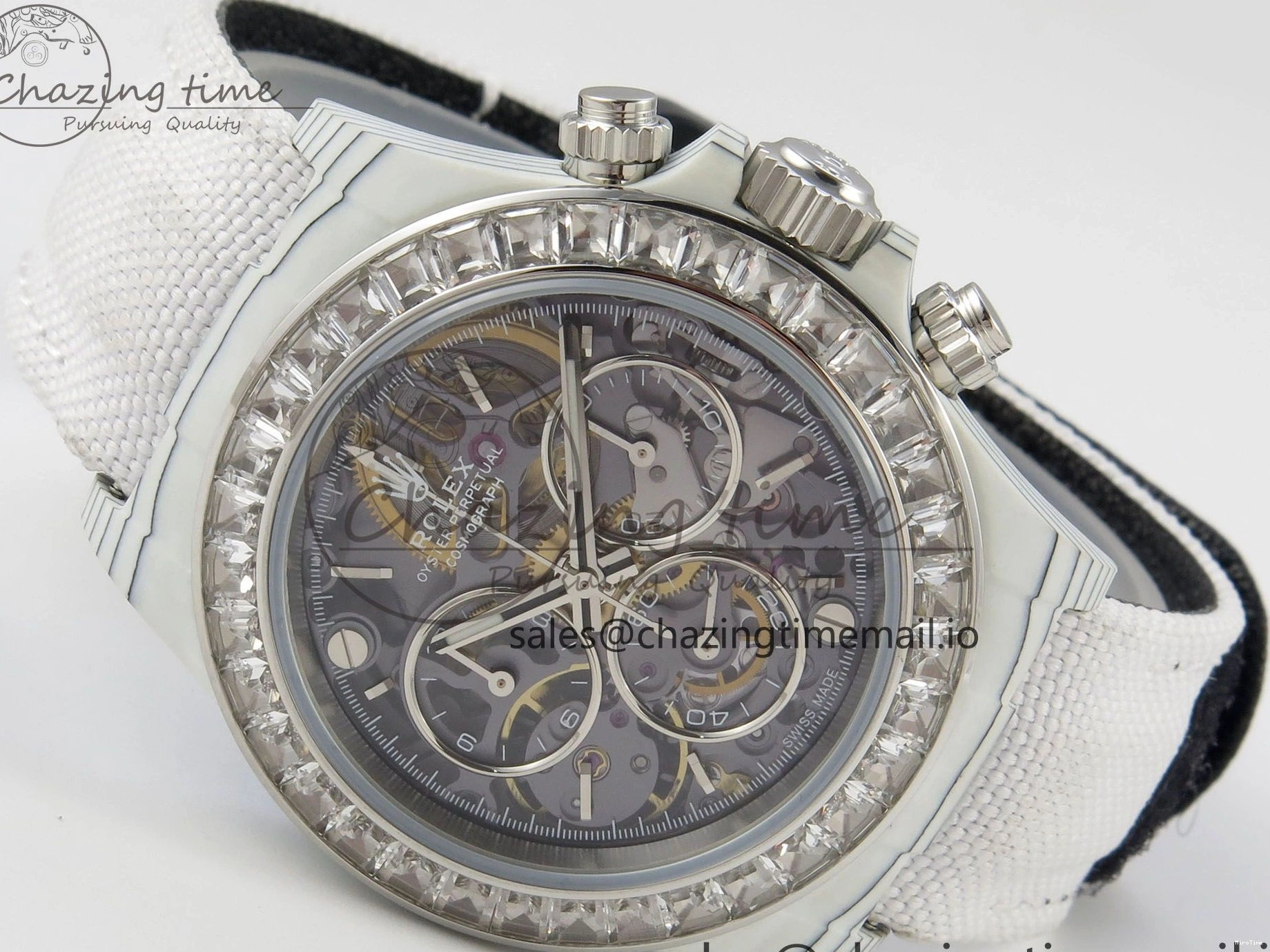 MiroTime 0301 Daytona Cosmograph White Carbon MPF Best Blaken Skeleton Dial on White Nylon Strap A FreshLook 314